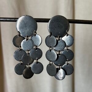 Vintage Brutalist Coin Disc Dangle Earrings Gunmetal Statement 3" Long 1" Disc